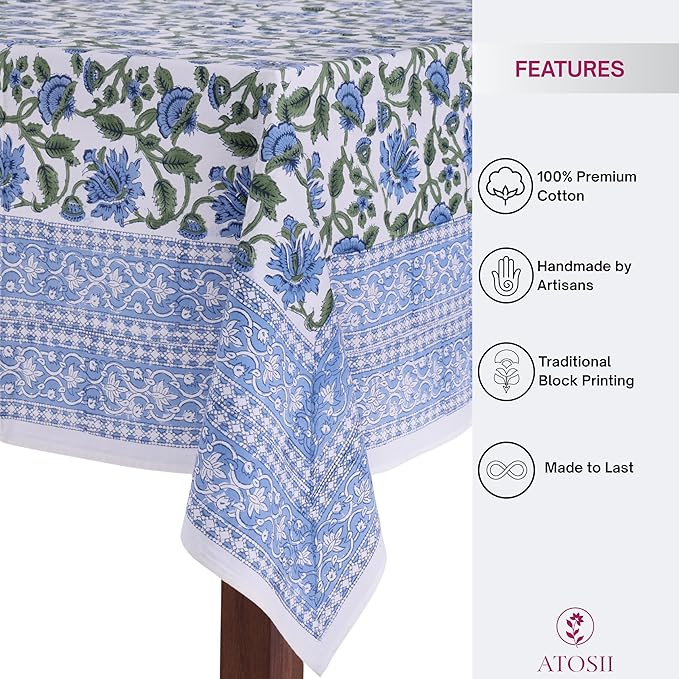 ATOSII Taj 100% Cotton Fall Autumn Tablecloth, Hand Block Print Floral Rectangle Table Cloth Linen for Dining Buffet Parties Weddings Outdoors Christmas Thanksgiving Decor 60 X 90 Inches, 6 Seater