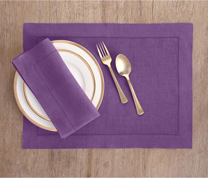 Solino Home Linen Cloth Placemats Set of 6-100% Pure Linen Hemstitch Purple Placemats 14 x 19 Inch - Classic Hemstitch Table Place Mats for Valentines, Spring, Easter