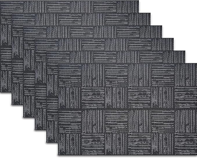 Placemats Set of 6 Plastic Vinyl Place Mats for Dinner Table, No-Slip Wipeable Table Mats Daily Use Patio Kitchen Decoration (18"x12", Black)