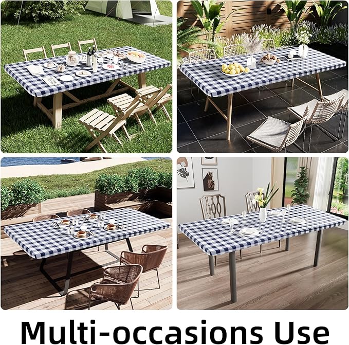 Smiry Rectangle Picnic Table Cloth, Elastic Waterproof Fitted Vinyl Tablecloths, Flannel Backed Buffalo Plaid Table Covers for Dining, Camping, Outdoor (White and Navy, 36" x 48")