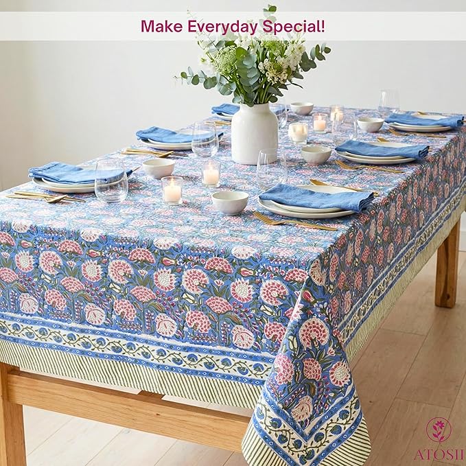 ATOSII Clover Pink 100% Cotton Square Boho Fall Tablecloth, Handblock Floral Table Cloth Linen for Kitchen Dining I Parties Wedding Outdoors Picnic Easter I Home Decor 60 X 60 Inches I 4 Seater