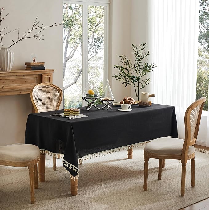 Linen Tablecloth with Tassels, Farmhouse Style Black Tablecloth, Water Resistant Burlap Tablecloths for Square Table, 52x52 Inch Black