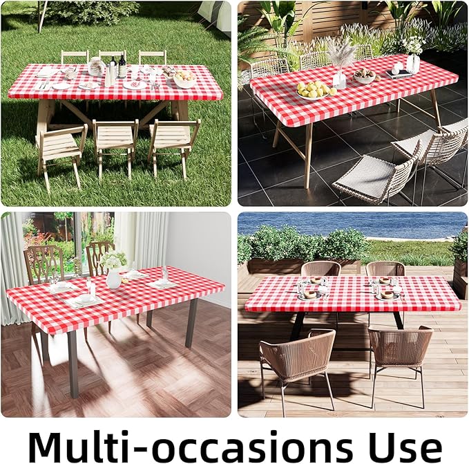 Smiry Rectangle Picnic Table Cloth, Elastic Waterproof Fitted Vinyl Tablecloths, Flannel Backed Buffalo Plaid Table Covers for Dining, Camping, Outdoor (White and Red, 36" x 48")