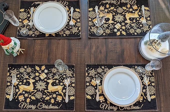 DaDa Bedding Set of 4-Pieces Magical Golden Reindeer Tapestry Placemats - Starry Winter Snowflake Festive Merry Christmas Holiday Yellow & Black - Needle Stitched Woven Table Mats - 13” x 19”