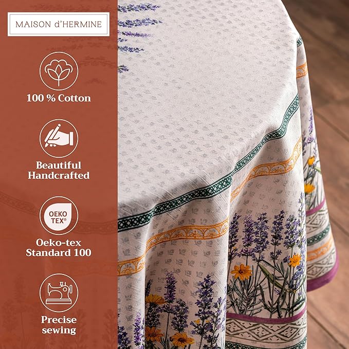 Maison d' Hermine Table Cloth Round Table 100% Cotton 63 Round Inches Tablecloth Reusable Decorative for Dining Room Farmhouse Home Valentines Day Decorations Spring Summer - Fanny Lavender