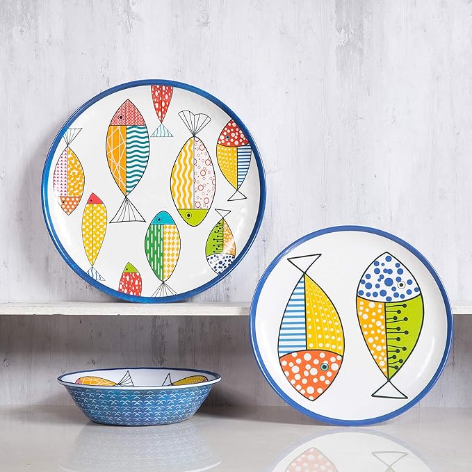 Melamine Dinnerware set for 4, Plates and Bowls Sets, Great for Camper, RV, Indoors Outdoors Use with Ocean Printed, Unbreakable