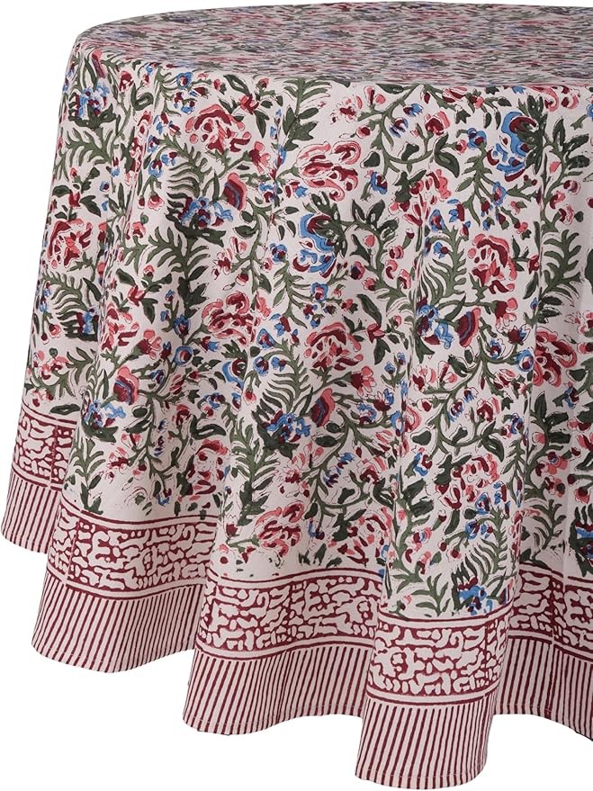 ATOSII Ambrosia 100% Cotton Round Boho Fall Tablecloth, Handblock Floral Table Cloth Linen for Kitchen Dining I Parties Wedding Outdoors Christmas Thanksgiving I Fall Home Decor 72" Inches Round