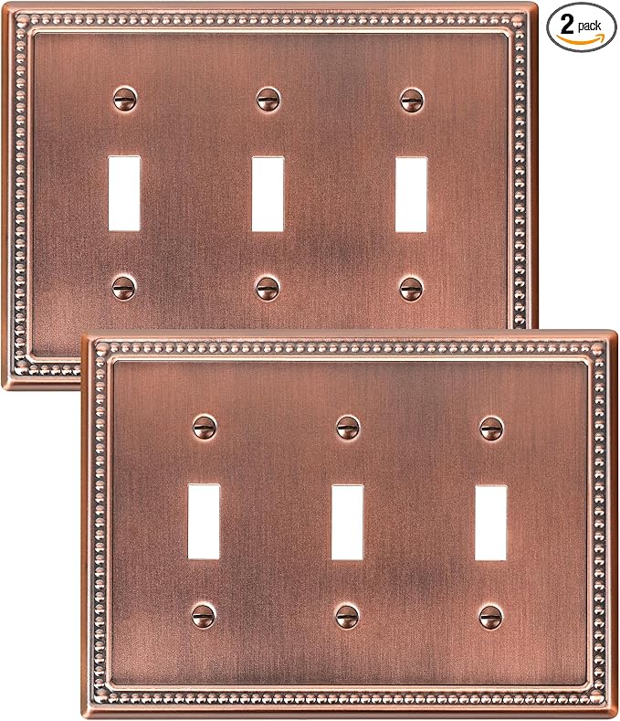 2-Pack Triple Toggle Light Switch Cover Plate, Pearls Decorative Switch Plate Covers, Antique Copper 3 Gang Metal Wall Plate, Corrosion Resistant