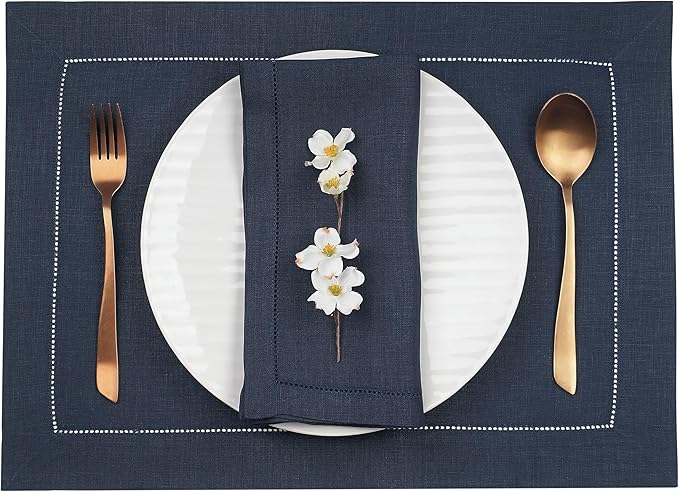 D'Moksha Homes Linen Placemats Set of 4 - Classic Hemstitch Navy Blue Placemats 14 x 19 Inch - 100% Pure Linen Table Mats for Easter - Handcrafted and Machine Washable