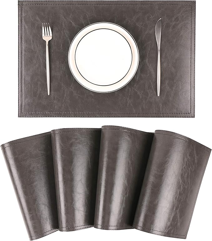 Jovono Waterproof PU Placemats, Faux Leather Dining Table Mat, Set of 8, Easy to Wipe Off Scrub Vinyl Mat, Heat & Stain Resistant for Office Conference Table, Home Décor Grey