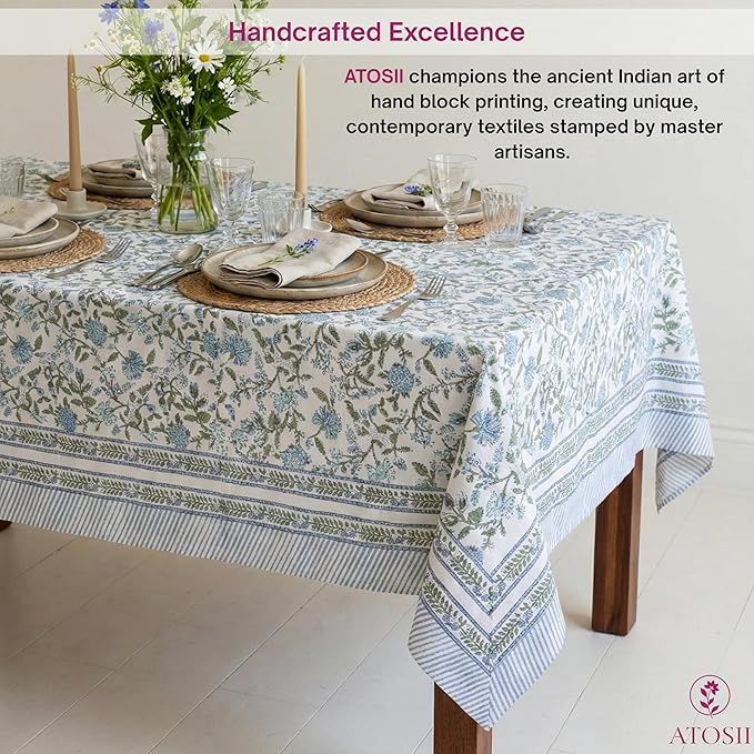 ATOSII Mahoka Blue 100% Cotton Square Fall Tablecloth, Handblock Floral Linen Table Cloth for Kitchen Dining Table I Parties Weddings Outdoors Easter Valentine's Gift I 60 X 60 Inches I 4 Seater