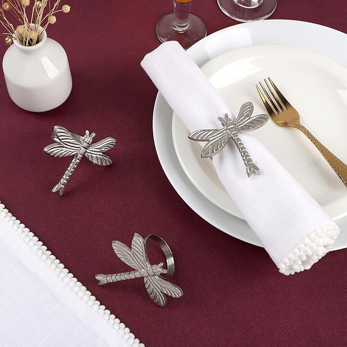 ALPHA Living HOME Dragonfly Napkin Rings - 12 Pcs Elegant Table Accessories Decorative Metal Napkin Holders for Wedding, Dinner Party, Holiday & Everyday Table Decor (Silver)