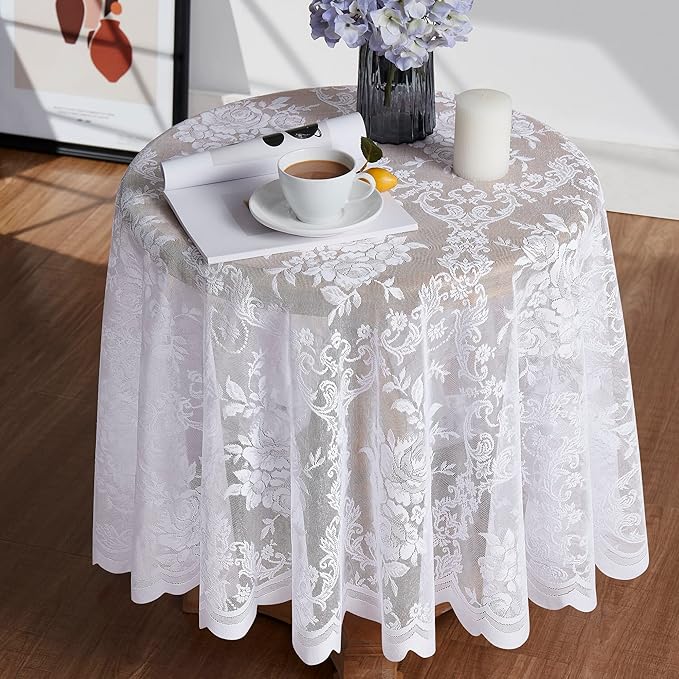 Warm Home Designs 90 Inch Round Tablecloth with English Rose Design. Use as Circle Tablecloth, Rustic Tablecloth or as Elegant Lace Table Cloth. White Table Clothes for 6-8 Guests. LTC White 90"