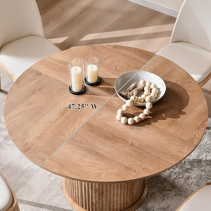 T4TREAM 47" Fluted Round Dining Table for 4-6, Mid-Century Modern Kitchen Table with Thickened Edge & Cylindrical Base for Dining Room, Kitchen, Living Room,Light Knotty Oak(Table Only)