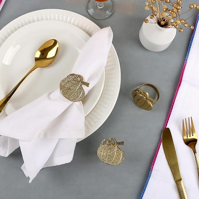 ALPHA Living HOME 12 Pcs Antique Gold Metal Napkin Rings Pumpkin Shape 1.5 Dia. Round Serviette Rings Fall Decor Thanksgiving, Wedding, Dinner Table Decoration Durable Serviette Holders