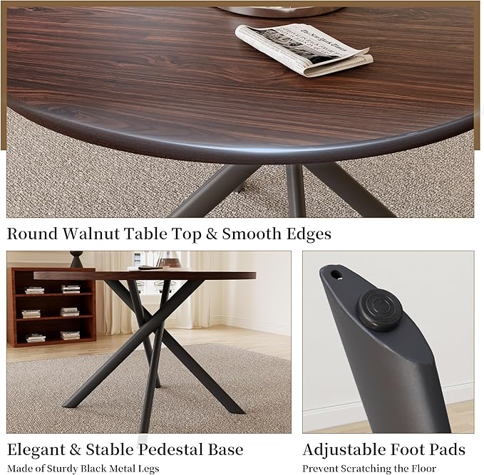 45.3'' Walnut Round Dining Table Set for 4, Mid Century Modern Small Coffee Set for Dining Room Kitchen Apartment (Dark Walnut Table + 4 Black Chairs)