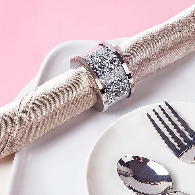 SHYFOY Silver Diamond Napkin Ring Glass Framed, Crystal Dinning Cloth Rings Set of 4 Piece, Glam Serviette Buckle Cloth Holder Sparkle Bling Crushed Diamond Table Decor Accessories