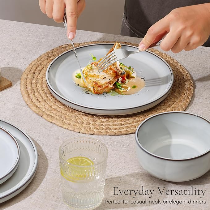 E-far Stoneware Dinnerware Sets for 8, 24 Pieces Reactive Glaze Plates and Bowls Sets, Elegant Dishes with Rustic Terracotta Clay Base, Dishwasher & Microwave Safe, Scratch Resistant, Glacier White