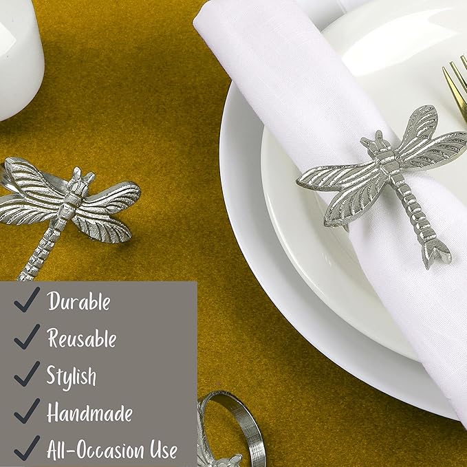 ALPHA Living HOME Dragonfly Napkin Rings - 12 Pcs Elegant Table Accessories Decorative Metal Napkin Holders for Wedding, Dinner Party, Holiday & Everyday Table Decor (Silver)