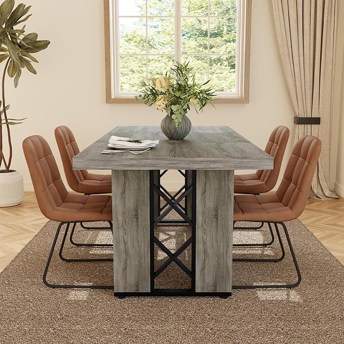 7-Piece Dining Table Set for 6 People, 70.8" MDF Kitchen Table with 6 Upholstered Chairs, Space-Saving for Dining Room, Breakfast Nook(Grey Table+6 Brown Chairs)