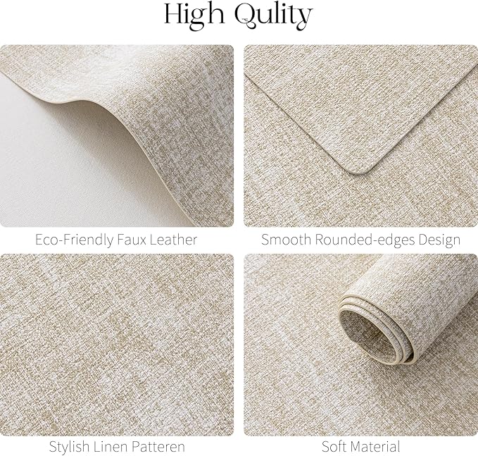 MOSAYT Placemats Set of 8, Heat Resistant Vinyl Place Mats with Coasters, Wipeable Washable 100% Waterproof Oil Proof Faux Leather Table Mats for Kitchen Dining Party Indoor Outdoor, 12" x 17", Beige
