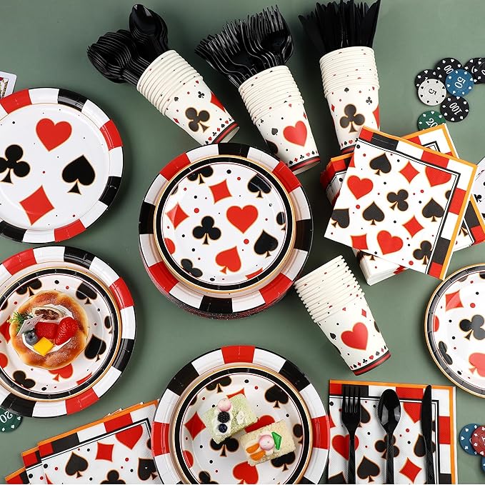 Kochorie 400 Pieces Casino Print Disposable Tableware Sets, Las Vegas Party Supplies Set with Plates Cups Napkins Cutlery Serves 50 for Birthday Poker Club Casino Theme Party Decorations