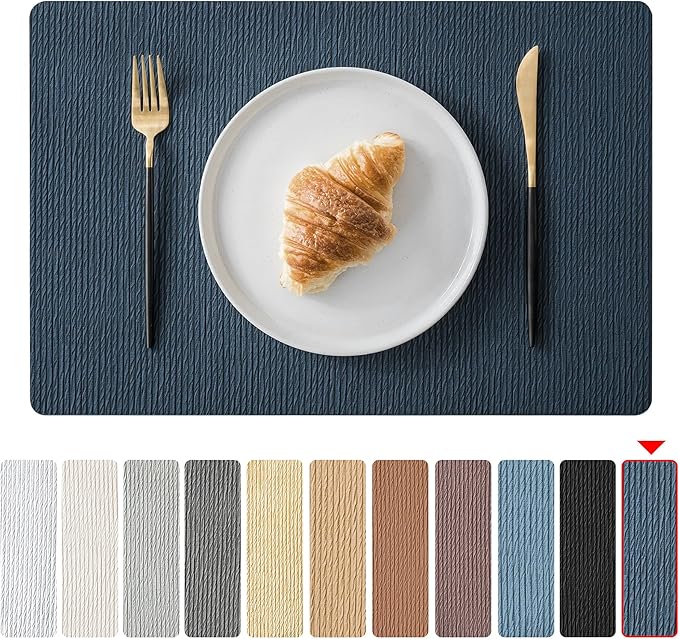 Jovono Faux Leather Placemats Set of 4, Waterproof Washable Table Mats, Easy-Clean Heat Resistant Kitchen Vinyl Place Mat for Dining Table, Restaurant, Indoor, 17.8"x11.8", Blue