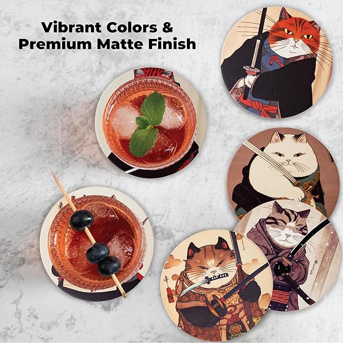 Gifts for Cat Lovers - Ninja Cat Coasters - Anime Cat Decor - Set of 6 Drink Coasters with Holder
