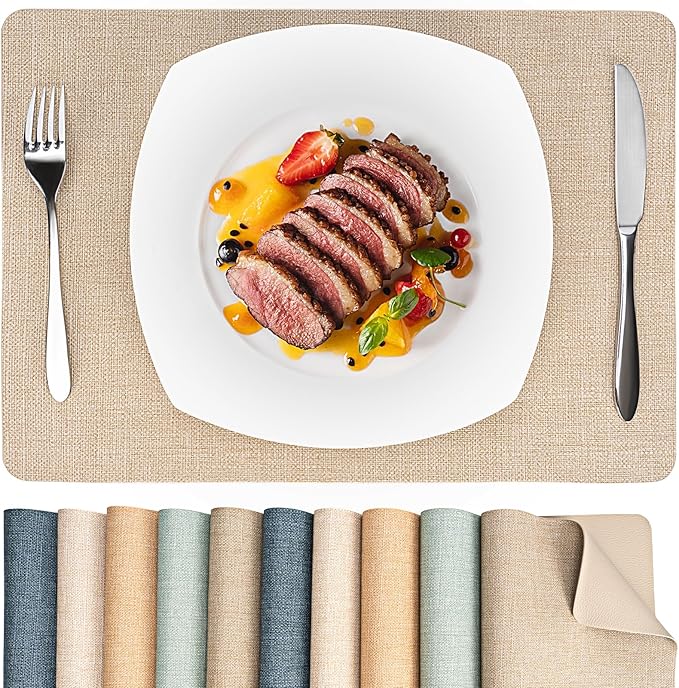Heat Resistant Placemats Set of 2, 17x12in Waterproof Wipeable Faux Leather Non Slip Table Mats, Easy to Clean, Stain Resistant, for Kitchen Dining Room– Taupe