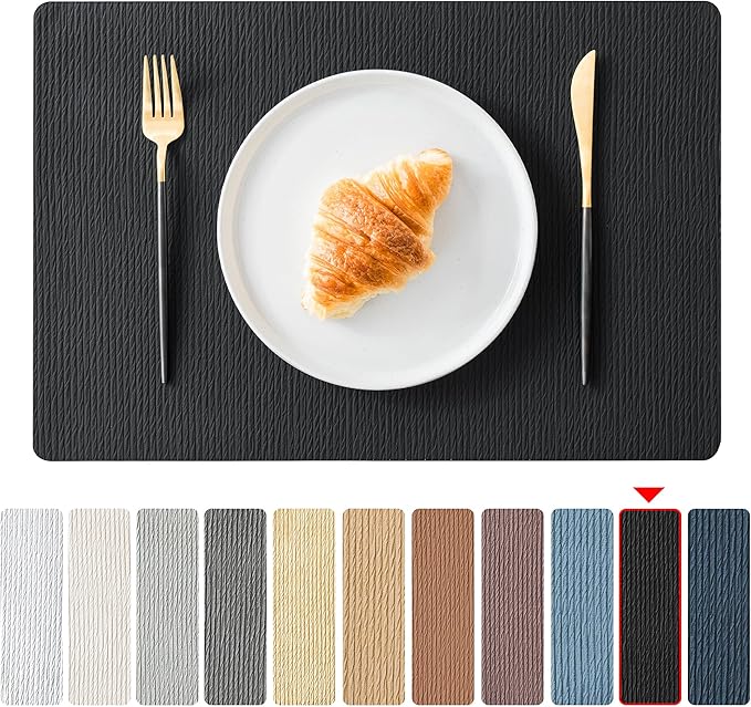 Jovono Faux Leather Placemats Set of 4, Waterproof Washable Table Mats, Easy-Clean Heat Resistant Kitchen Vinyl Place Mat for Dining Table, Restaurant, Indoor, 17.8"x11.8", Black