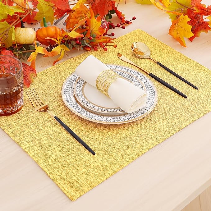 homing Cotton Linen Placemats Set of 6, Cloth Washable Farmhouse Dining Table Mats for Indoors & Outdoors, Easy to Clean, Mustard Yellow, 13 x 19 Inch
