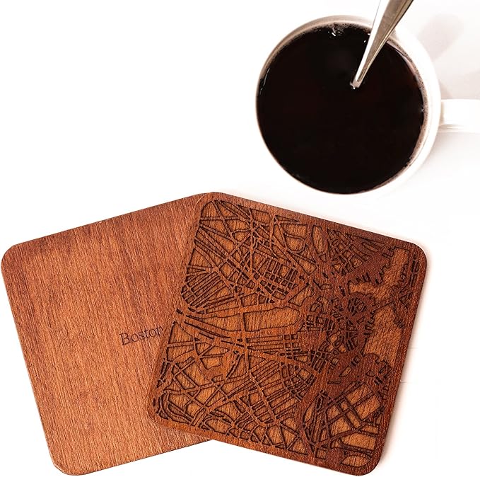 Boston Map Coaster by O3 Design Studio, Set Of 4, Sapele Wooden Coaster With City Map, Handmade