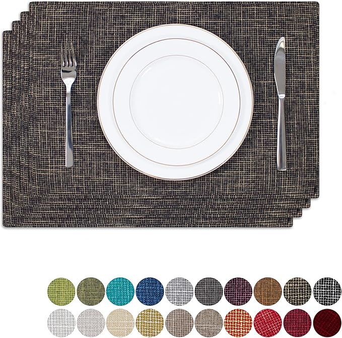 Placemats by Kevin Textile Set of 4 Heat Resistant Dining Table Place Mats Kitchen Table Mats, 13" x 19", Black Gold