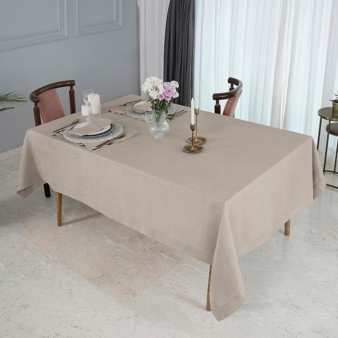 D'Moksha Homes Natural Linen Tablecloth for Rectangle Tables 60 x 102 Inch - Classic Hemstitch 100% Pure Linen Natural Table Cloth - Machine Washable Dining Tablecloth for Valentines, Spring, Easter