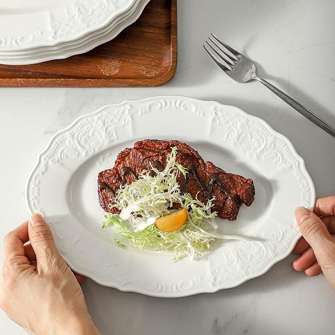 Neaylfe Ceramic Dinner Plates Set of 6, 10 inch Oval Embossed White Plates for Salad, Dessert, Appetizer, Steak, Large Flat Serving Plates for Kitchen, Restaurant, Parties