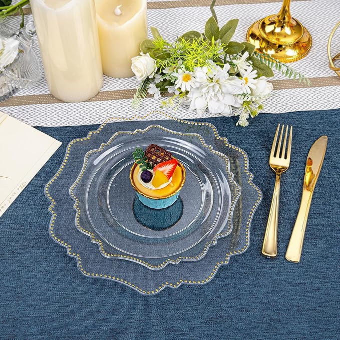 COLOSUS 100pcs Clear and Gold Plastic Plates Disposable Heavy duty Plastic Party Plates set Include 50 dinner plate and 50 dessert/salad plate for party/wedding