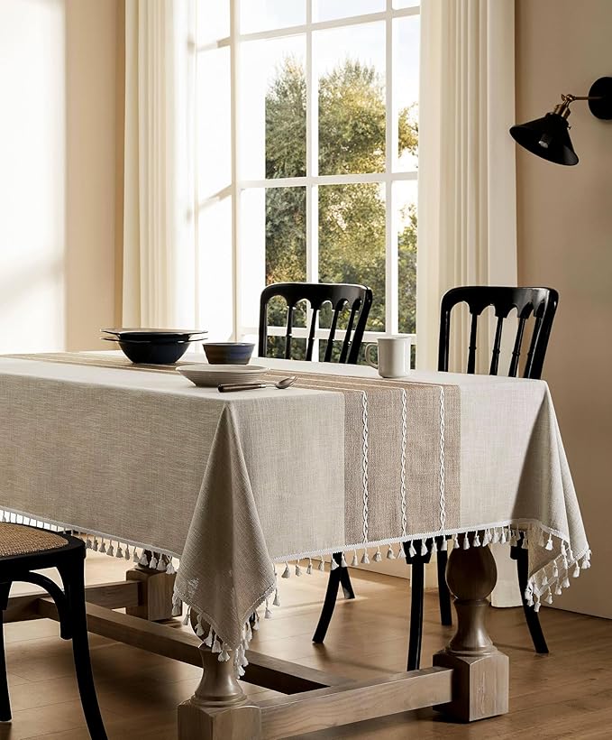 ZeeMart Contrast Linen Table Cloth Rectangle Table Cloths 52x70 Inch Brown, Farmhouse Style Heavy Weight Beige Tablecloth, Water Resistant Burlap Tablecloths