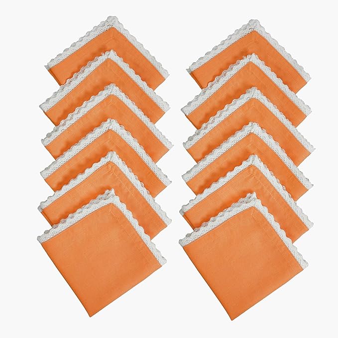 Fingercraft Dinner Cloth Napkin Cotton Linen Blend 12 Pack 12In Mitered Corners with Elegant Lace for Everyday Use Napkins Cloth are Pre Shrunk and Good Absorbency Rust