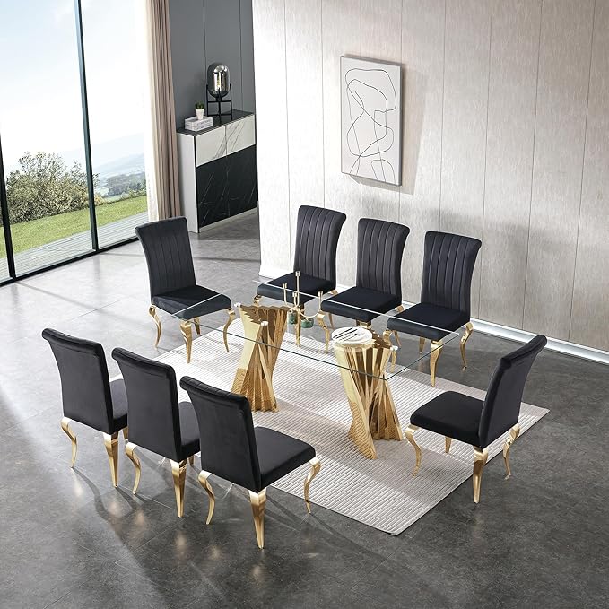 70" Glass Dining Table,Gold Dinner Room Glass Table for 6 8,Modern Kitchen Dinner Table with Stainless Steel Base and Clear Tempered Glass Top for Living Dining Room