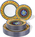 Hioasis 60pcs Plastic Disposable Plates Set - Layered Circular Pattern with Red & Yellow Accents, 10.25 Dinner & 7.5 Dessert Plates for Wedding,Anniversary,Party and Holiday