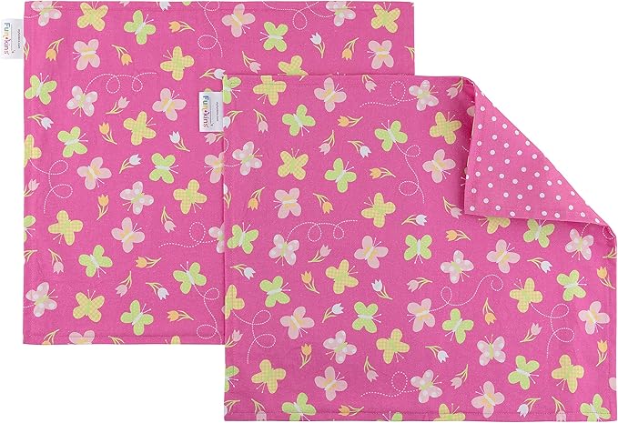 Funkins Reusable Cloth Placemats for Kids & Lunch Boxes | Reusable, Eco-Friendly | 15"x13", 2-ply, Thick, Absorbent, Machine Washable | Set of 2 Placemats (Pink Butterflies)