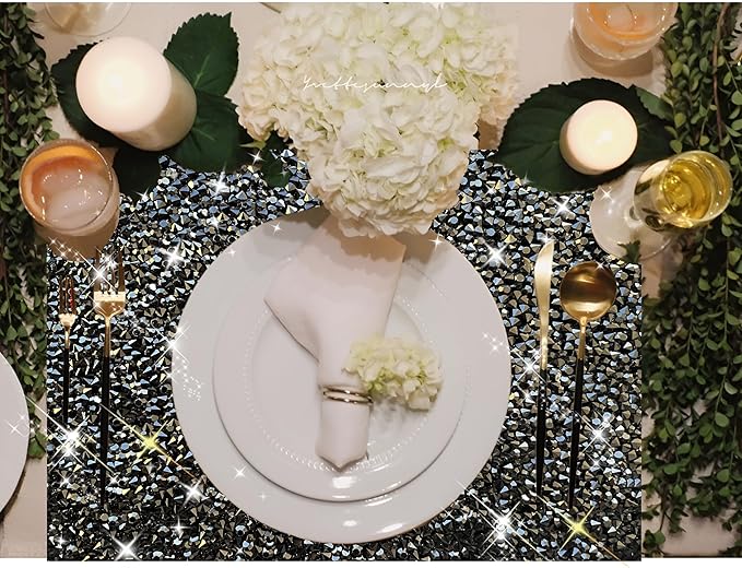 Black Square Placemats - Heat Resistant, Rhinestone Decor, Set of 12