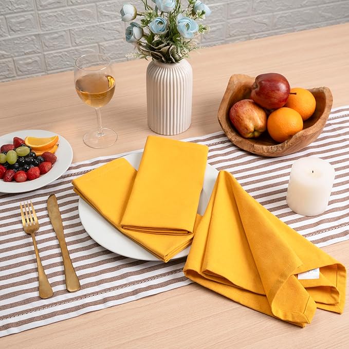 Blue Needles Solid Cloth Napkins Set of 12 Golden Yellow 100% Cotton Dinner Napkins 18x18 inches - Soft, Reusable, Absorbent & Washable Linen Ideal for Wedding Events, Parties & Everyday Use