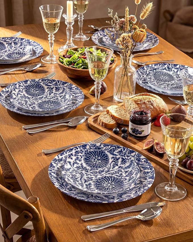 Hioasis 60pcs Plastic Disposable Plates Set - Blue Dandelion & Blue Leaf Pattern, 10.25 Dinner & 7.5 Dessert Plates for Wedding,Anniversary,Party and Holiday