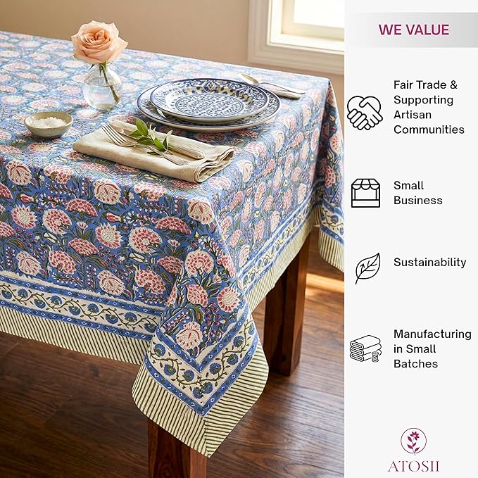 ATOSII Clover Pink 100% Cotton Square Boho Fall Tablecloth, Handblock Floral Table Cloth Linen for Kitchen Dining I Parties Wedding Outdoors Picnic Easter I Home Decor 60 X 60 Inches I 4 Seater