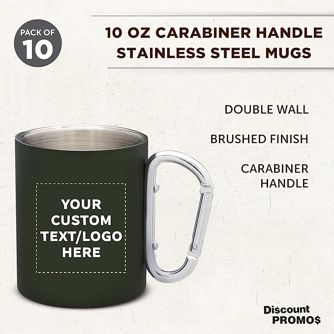 Custom Stainless Steel Mugs with Carabiner Handle 10 oz. Set of 10, Personalized Bulk Pack - Perfect for Coffee, Soda, Other Hot & Cold Beverages - Army Green