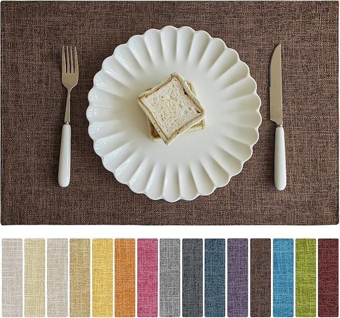 Softalker Faux Linen Placemats Set of 8-12 x 18 Inch, Heat Resistant Double Layered Durable Burlap Farmhouse Place Mats, Non-Slip Washable Rustic Table Mats for Dining, Kitchen, Party（Dark Brown