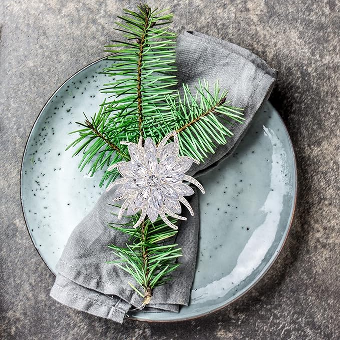 ZeeDix Christmas Flower Napkin Rings Set of 12, Silver Lotus Elegant Rhinestone Napkin Ring Serviette Buckles Holder for Wedding Birthday Christmas Holiday Party Home Kitchen Dinner Table Decoration
