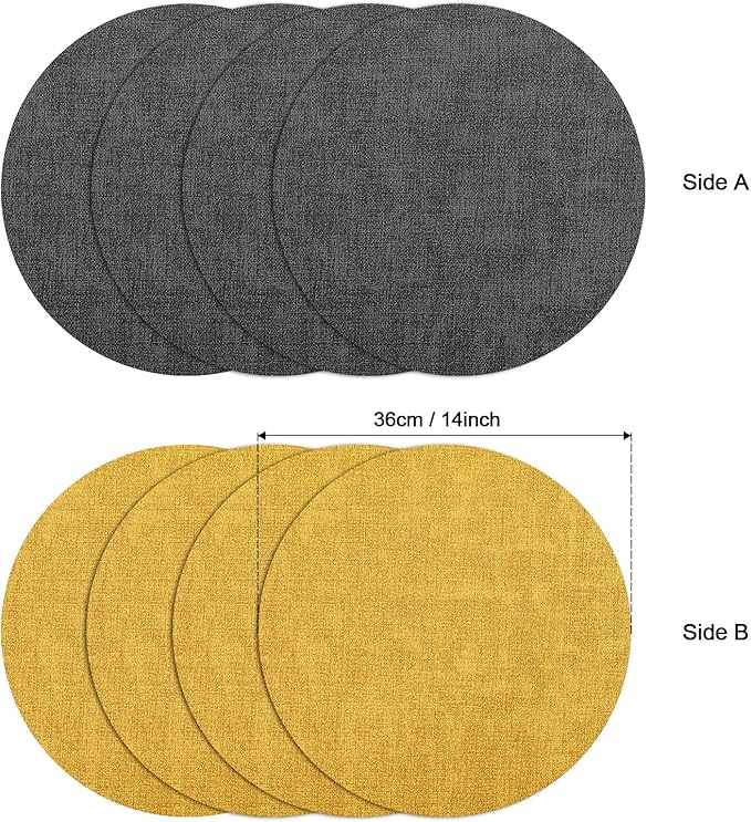 Myir JUN Round Placemats, Dual Sided Faux Leather Place Mats Set of 4 Indoor/Outdoor Non-Slip Washable Table Mats (Gray Yellow)