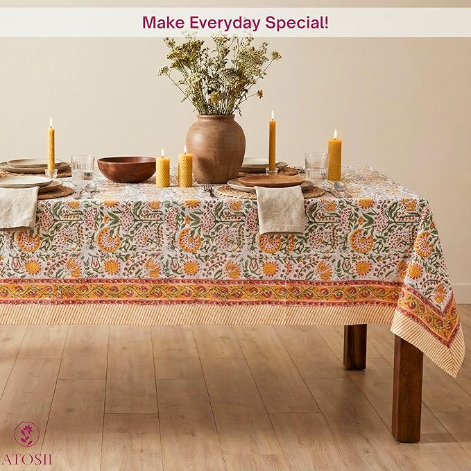 ATOSII Clover Yellow 100% Cotton Rectangle Fall Tablecloth, Handblock Floral Print Linen Table Cloth for Kitchen Dining I Parties, Weddings, Outdoors, Christmas, Thanksgiving Decor 60 X 108 Inches